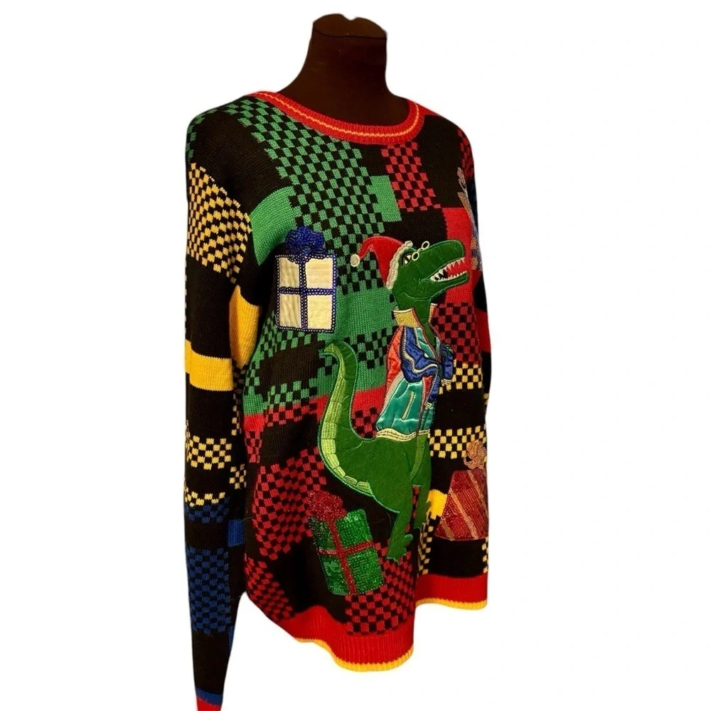 Dinosaur Men’s Christmas Sweater Dancing T-Rex Dino Santa, size Large